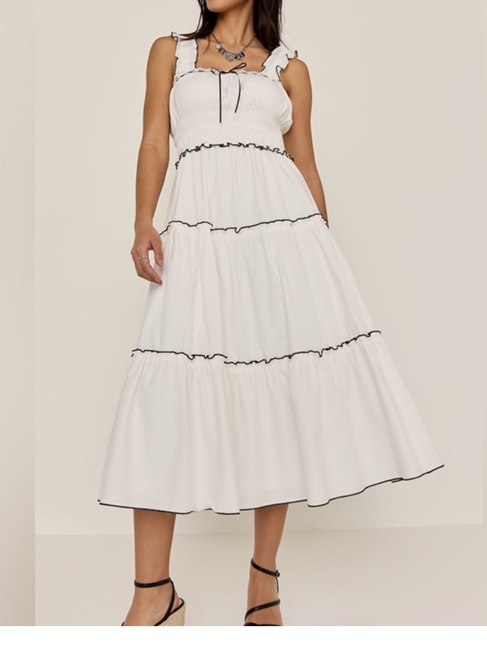 Francesca's Black Tiered Maxi Dress with Smocked Bodice and Ruffled Straps - Picture 11 of 11